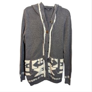Eddie Bauer grey and white tasseled sweater